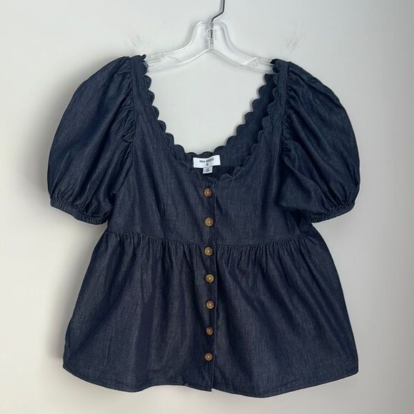 Kika Vargas x Target Puff Sleeve Peplum Top XS Navy Chambray Scalloped Neckline - Picture 3 of 10